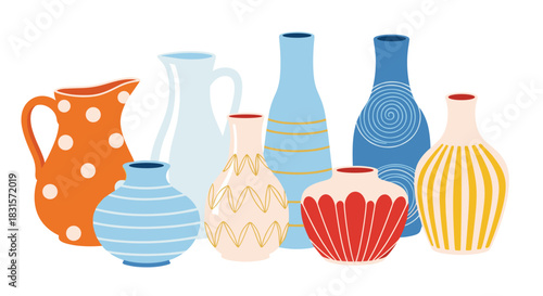 An artistic arrangement of various colorful vases and pitchers with unique designs, showcasing home decor.