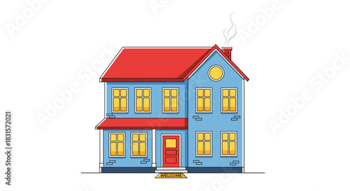 A cozy and inviting two-story blue house with a vibrant red roof and warmly lit windows, complete with a welcome mat and smoke rising from the chimney.