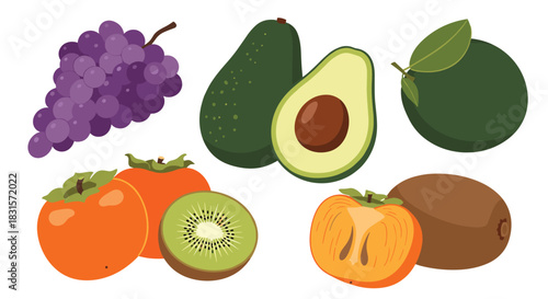Assortment of fresh and nutritious fruits featuring purple grapes, ripe avocados, juicy persimmons, and green kiwis.