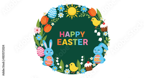 A vibrant circular Easter wreath featuring cute bunnies, chicks, decorated eggs, spring flowers, and cupcakes surrounding a Happy Easter message.