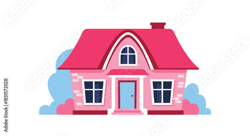 Cute pink house with a vibrant red roof and charming details, featuring a blue door and surrounding bushes.