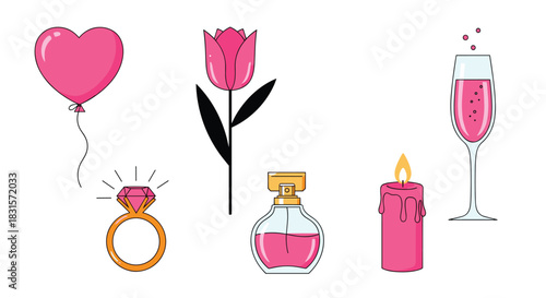 A vibrant collection of romantic and celebratory items, perfect for Valentine's Day, anniversaries, or special moments.