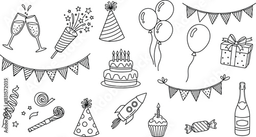 Handdrawn birthday party elements isolated on white background cake, balloons, gifts, champagne, party hats, and decorations for a festive celebration