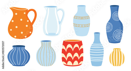 Stylized collection of colorful ceramic and glass pitchers and vases, showcasing various shapes, patterns, and designs for home decor.