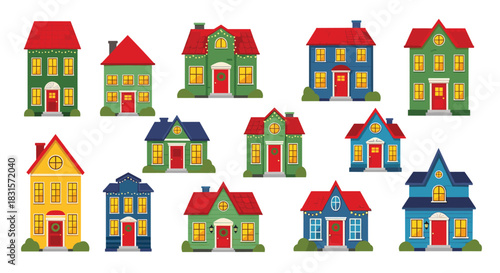 A collection of colorful cartoon houses, many decorated with holiday lights and wreaths, set against a white background, depicting various architectural styles.
