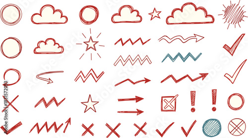 Handdrawn doodle elements isolated on white background a whimsical collection of sketched icons, arrows, and symbols for creative design projects