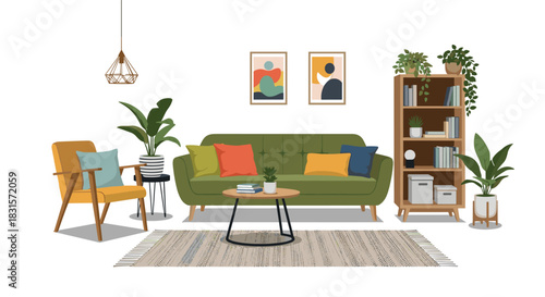 A stylish and inviting living room interior, thoughtfully decorated with modern furniture, colorful cushions, and vibrant houseplants.