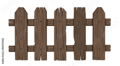 A rustic wooden fence made of weathered brown planks with visible wood grain and nail details, showing a charming, old-fashioned boundary.
