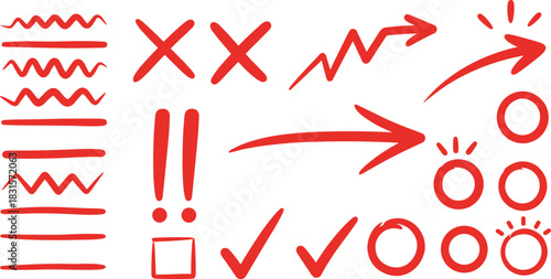 Hand drawn red correction marks isolated on white background set of doodle check mark, cross mark, circle, arrow, exclamation mark, line, square, and other symbols