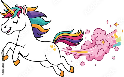 Cartoon white unicorn with rainbow mane and tail farting a rainbow cloud horse mythical creature