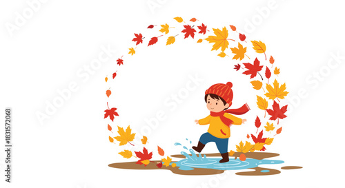 A cheerful young boy in autumn attire joyfully splashes in a puddle surrounded by colorful falling maple leaves.