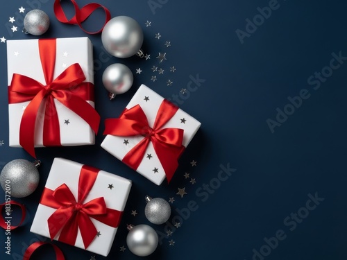 Christmas Gifts with Red Ribbons and Ornaments on Blue Background