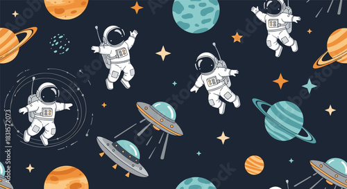A fun, seamless cartoon space pattern featuring cute astronauts, planets like Saturn and Jupiter, shining stars, and flying saucers on a dark blue background.