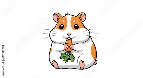 An adorable cartoon hamster with white fur and orange patches happily sits while holding a fresh orange carrot with green leaves.
