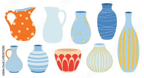 Collection of colorful ceramic vases and pitchers with diverse shapes and patterns on a white background.