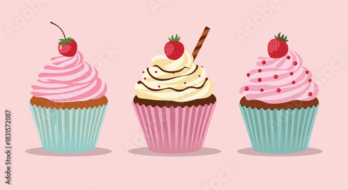 A delightful trio of decorated cupcakes featuring pink and vanilla frosting, fruits, and sprinkles, set on a soft pink background.