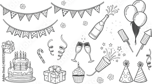 Handdrawn birthday party elements isolated on white background cake, balloons, confetti, gift, champagne, cupcake, party hats, and streamers for celebration