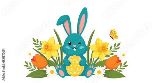 A cute teal Easter bunny winks, holding a yellow patterned egg, surrounded by vibrant spring daffodils, tulips, and daisies, with a butterfly.