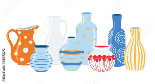 Group of colorful pitchers and vases of different sizes and styles, featuring polka dots, stripes, and abstract patterns.