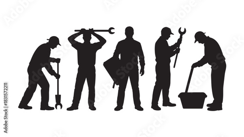 Silhouette of construction workers in various poses vector illustration of manual labor isolated on white background