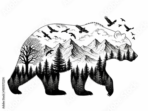 Black and White Bear Double Exposure Illustration: Majestic Wildlife and Mountain Wilderness Vector Graphic
