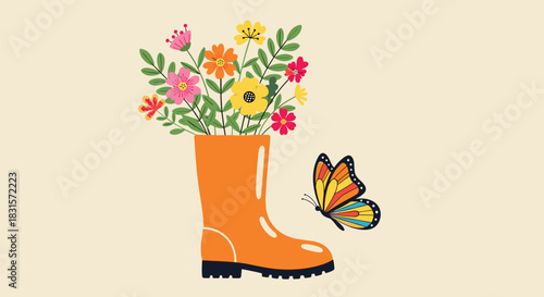 A cheerful illustration depicts an orange rain boot filled with a vibrant bouquet of spring flowers, complemented by a colorful butterfly fluttering close by.
