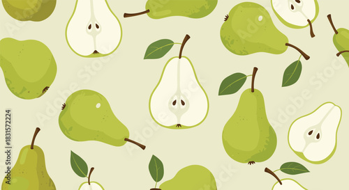 Seamless pattern of fresh green pears, both whole and sliced, on a light background, perfect for healthy food and fruit-themed designs.
