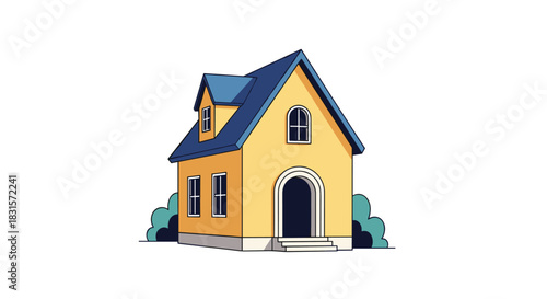 A quaint cartoon yellow house with a blue roof and arched entrance, surrounded by small bushes, stands isolated on a white background.