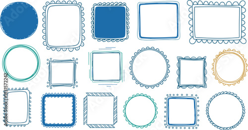 Collection of handdrawn doodle frames isolated on white background, featuring a variety of shapes and styles, perfect for adding a creative touch to designs