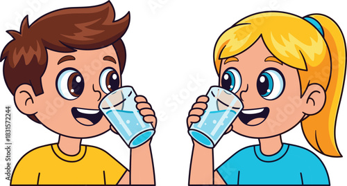 Cartoon boy and girl drinking water from glasses vector