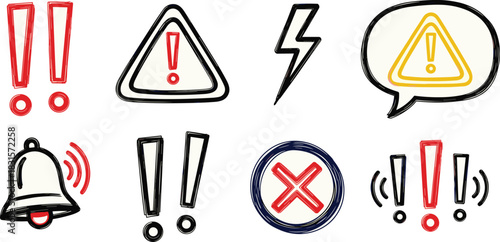 Collection of handdrawn warning symbols isolated on white background, including exclamation marks, a warning triangle, a lightning bolt, and a bell