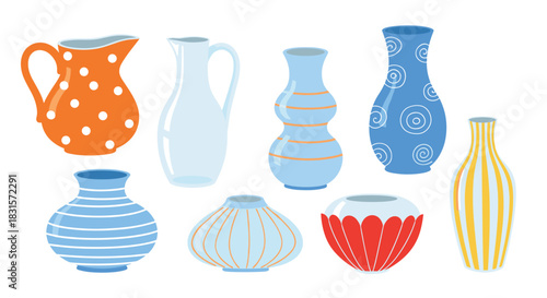 A collection of various colorful ceramic and glass vases and pitchers with different shapes and patterns on a white background.