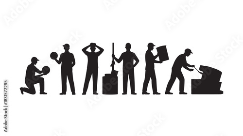 Silhouette of construction workers in various poses vector illustration of construction site labor isolated on white background