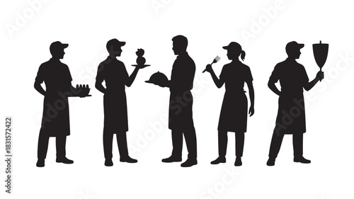 Silhouette of diverse restaurant staff including chefs and servers vector illustration isolated on white background