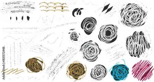 A diverse collection of handdrawn scribble elements, showcasing varied textures and patterns, isolated on white background perfect for adding a touch of organic charm