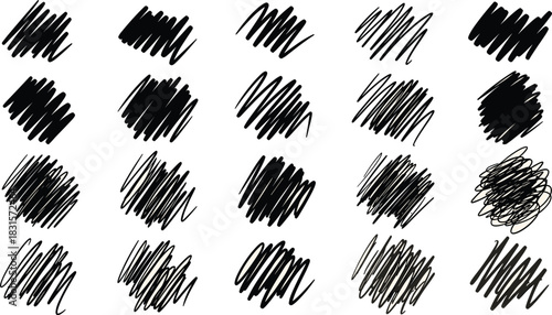 Collection of twenty handdrawn scribble shapes isolated on white background, each with a unique pattern and density, creating a versatile set of graphic elements