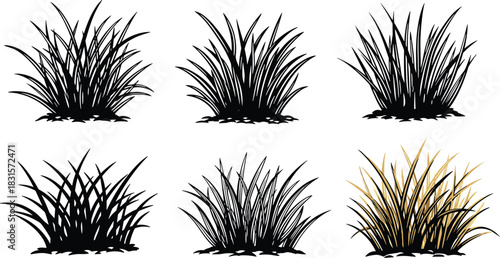 A set of six handdrawn grass tufts, each with a unique shape and style, isolated on white background the grass tufts are rendered in black ink, with varying levels of detail