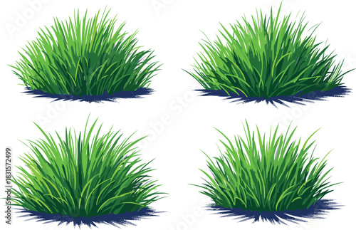 A vibrant collection of lush green grass tufts, each a miniature meadow, isolated on white background, evoking freshness and natural beauty in a simple yet captivating way