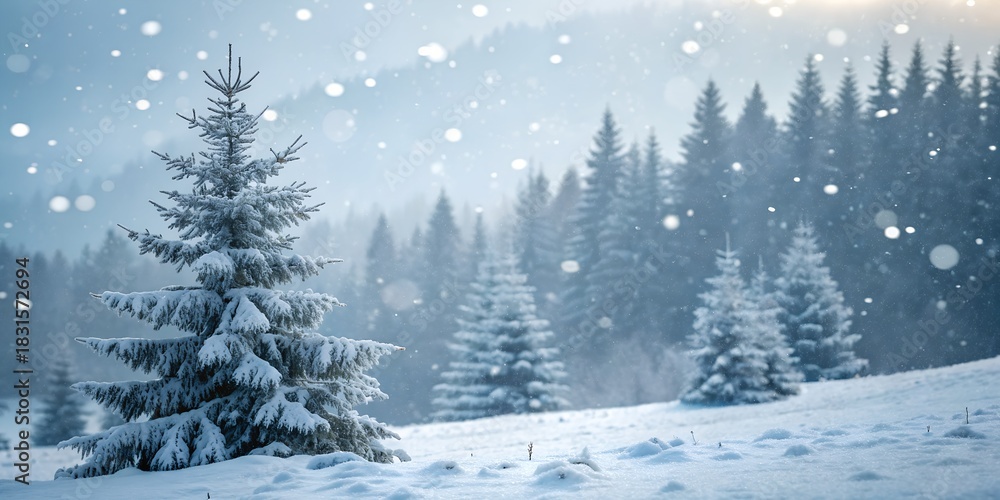 Obraz premium Serene Winter Landscape with Snow-Covered Fir Trees and Falling Snow.