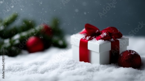 a festive winter scene featuring a white gift box wrapped in a red ribbon