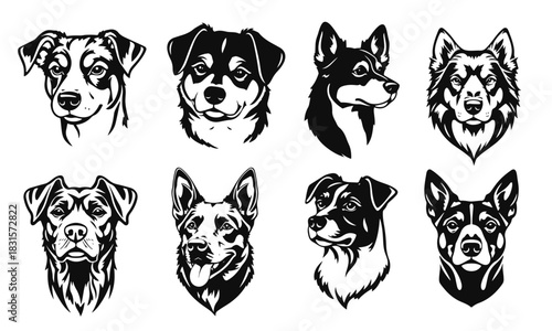 Black and white illustration of multiple stylized dog heads of different breeds. dog heads,dog silhouettes,pet portraits,canine art,breed icons