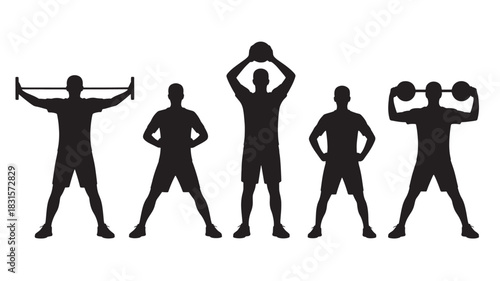 Silhouette of men exercising with weights and a medicine ball vector illustration of fitness training isolated on white background