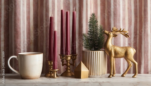 Grouping of festive holiday decorations sits upon a polished mantlepiece