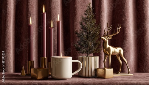 Elegant holiday arrangement features lit taper candles, a gilded stag figurine, and a small evergreen plant
