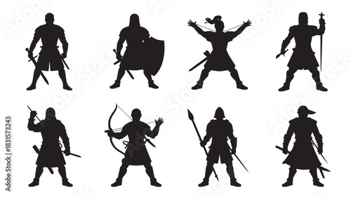 Set of medieval warrior silhouettes vector illustration of knights and soldiers isolated on white background