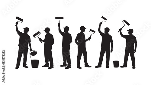 Silhouette of painters with paint rollers and buckets vector illustration for construction and renovation projects isolated on white background