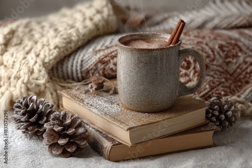 Steaming beverage with spice rests upon aged books surrounded by natural winter decorations