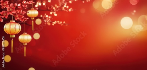 Golden Chinese lanterns and red cherry blossoms hang from branches on a vibrant red background with festive bokeh lights
