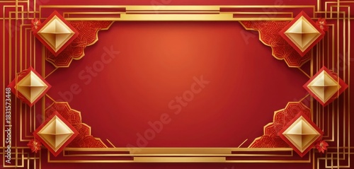 Rich red background with a central golden frame Intricate red patterns golden lines and symmetrical diamond shapes adorn