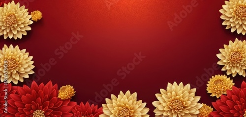 Vibrant red background with ornate golden and crimson floral borders Elegant design featuring traditional patterned